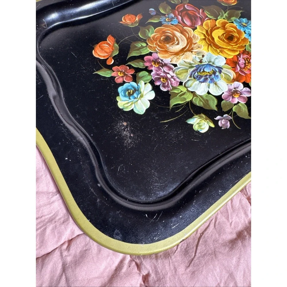 Vintage Black Metal Tray Colorful Roses Floral Table Sitter Or Mount To Wall
